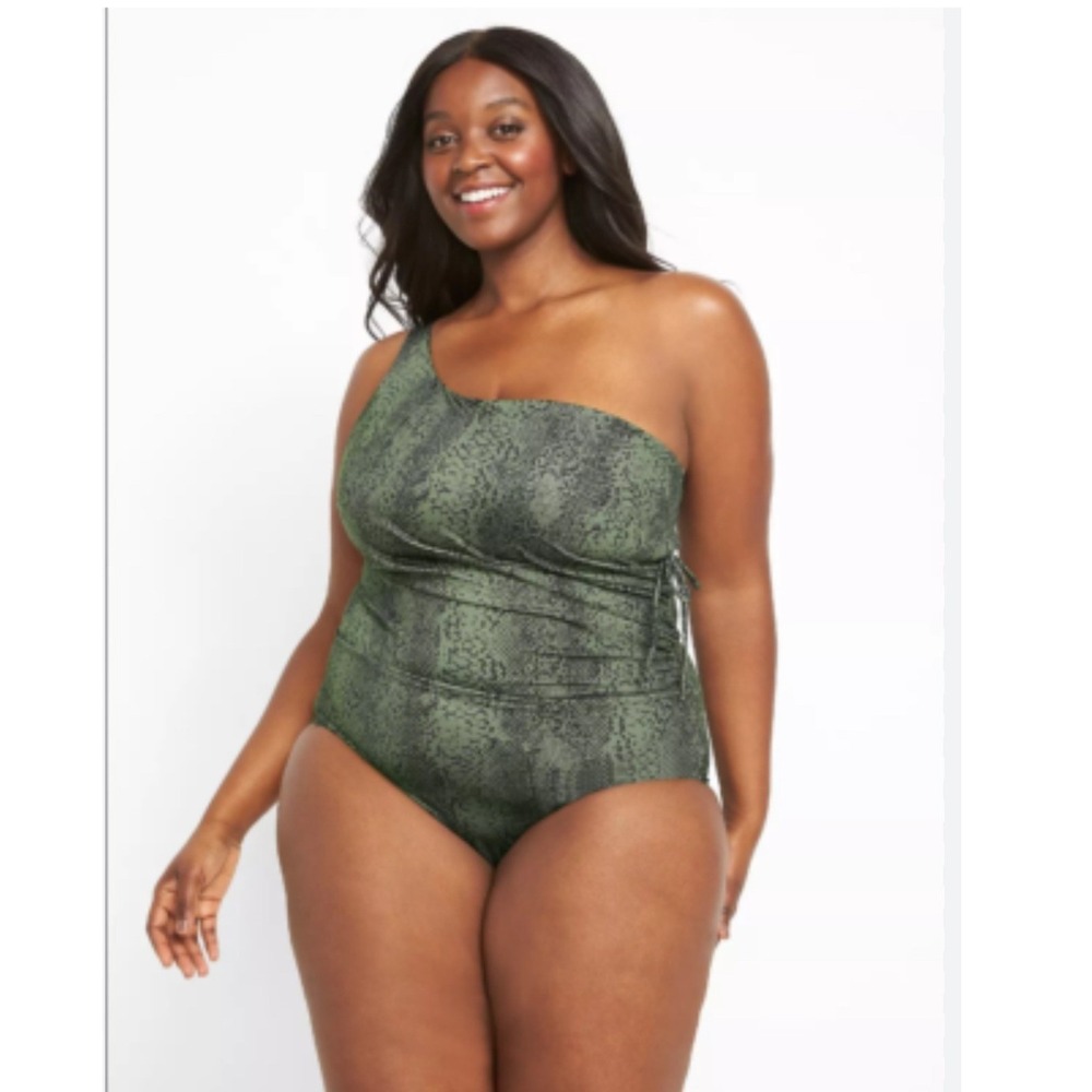 Lane Bryant Cacique One Shoulder Python Snake Print Swimsuit Green Black 14 NEW